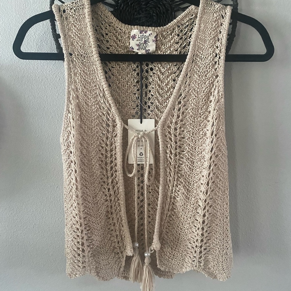 Hippie Rose Women's Beige Crochet Tie-Front Vest